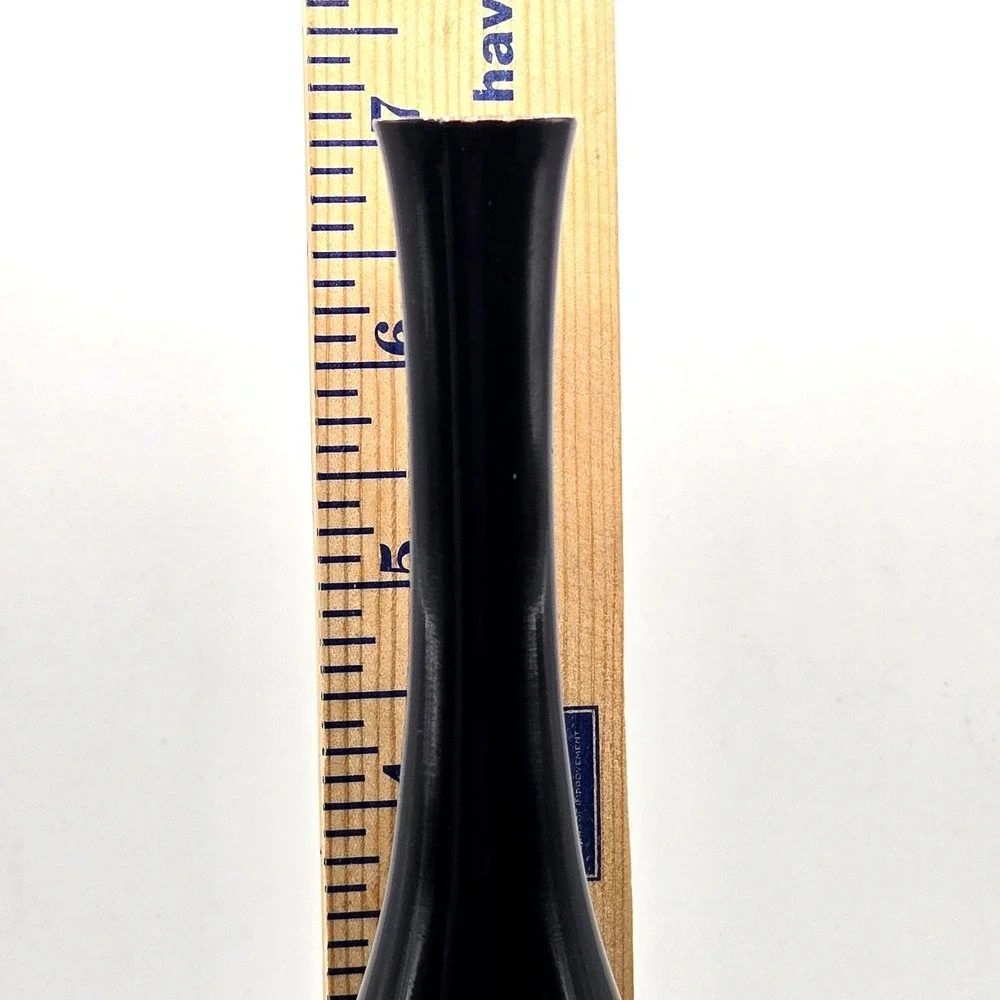 Vintage Japanese Black Enamel Brass Bud Vase Etched Pagoda Landscape Scene Japan